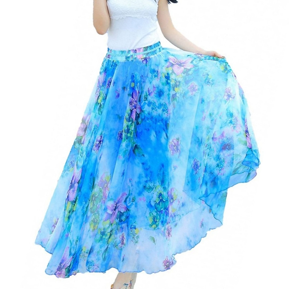 Women Maxi Chiffon Long skirt 2in1 shirt dress